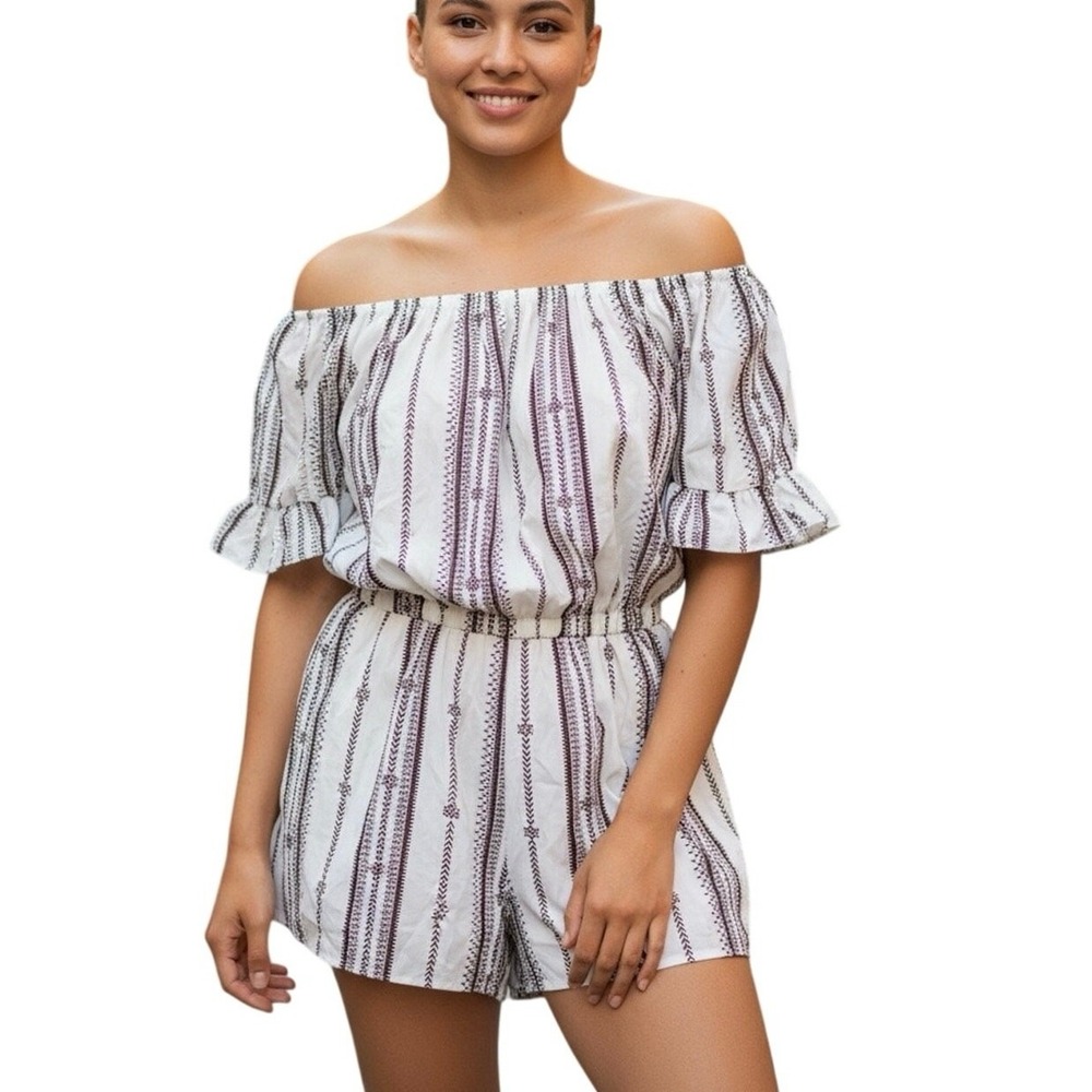 Yoins White Bohemian Off-the-Shoulder Pockets‎ Romper XL Cottage Embroidered NWT